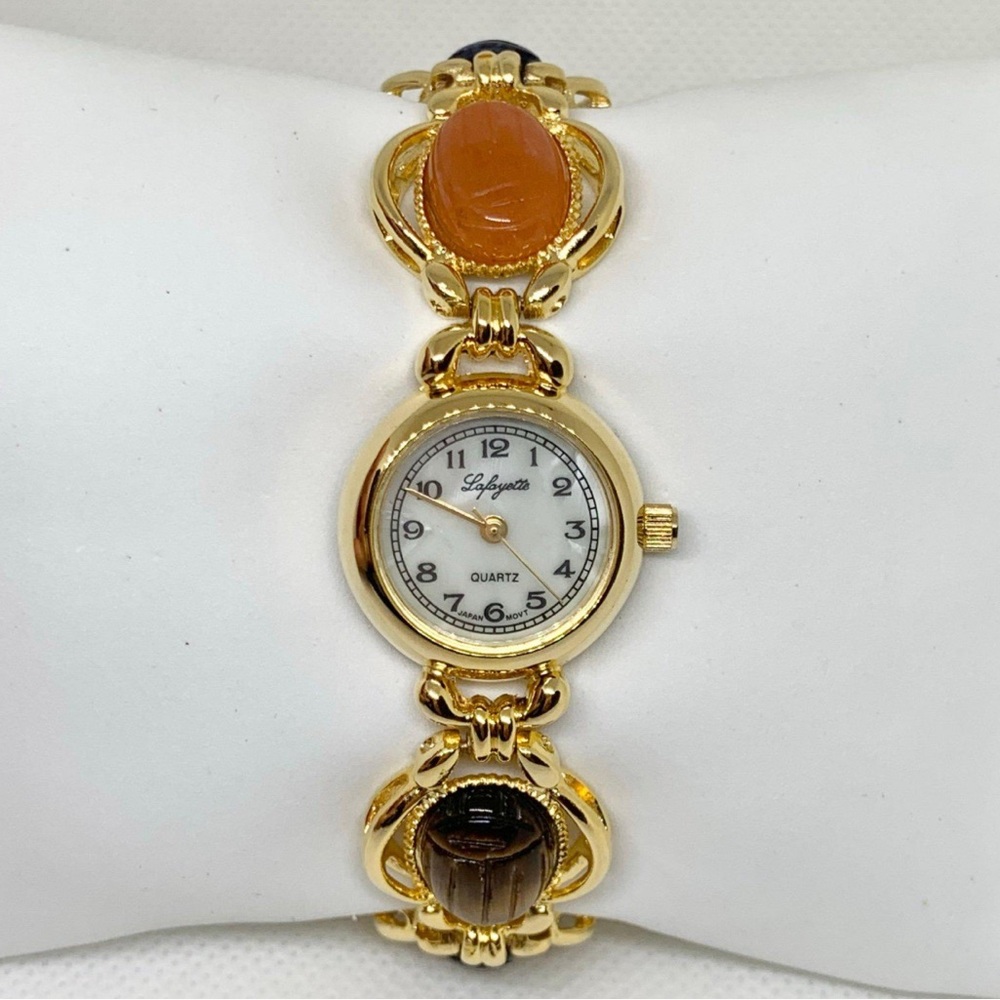 Rare Vintage Lafayette Gold-Tone Hand-Carved Scarab MOP Watch 6.75”